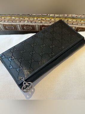 GUCCI  GUCCISSIMA GG BLACK CANVAS LEATHER LONG WALLET BIFOLD